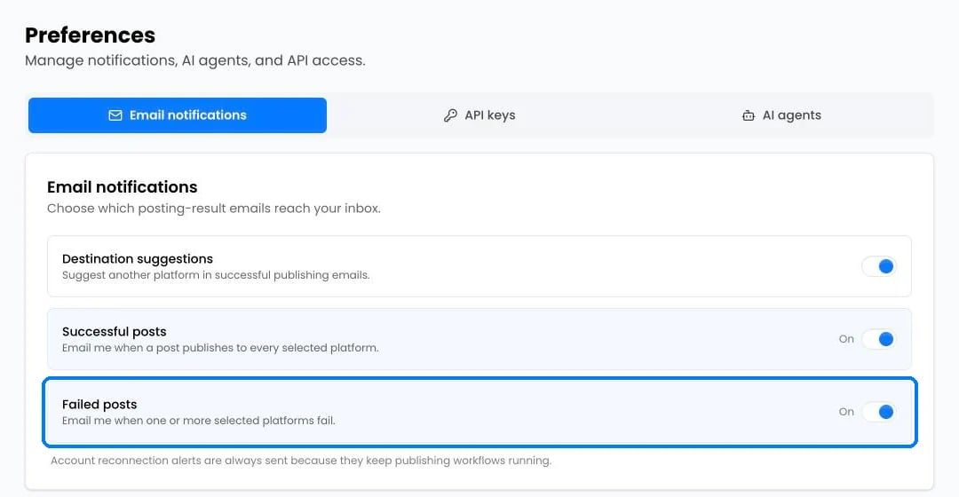 Email notification settings with Failed posts switched on