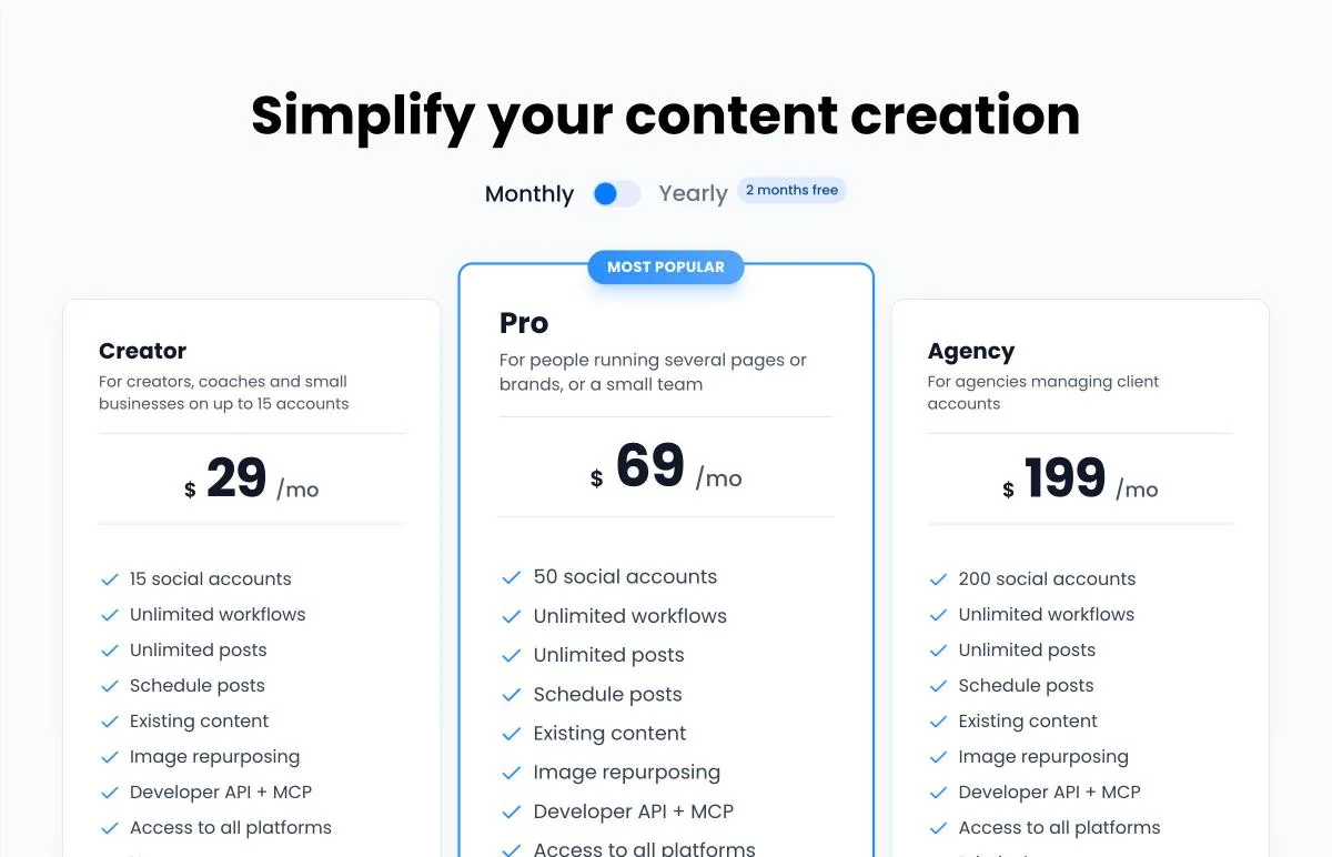 The upgrade page showing Creator at $29, Pro at $69 and Agency at $199 per month