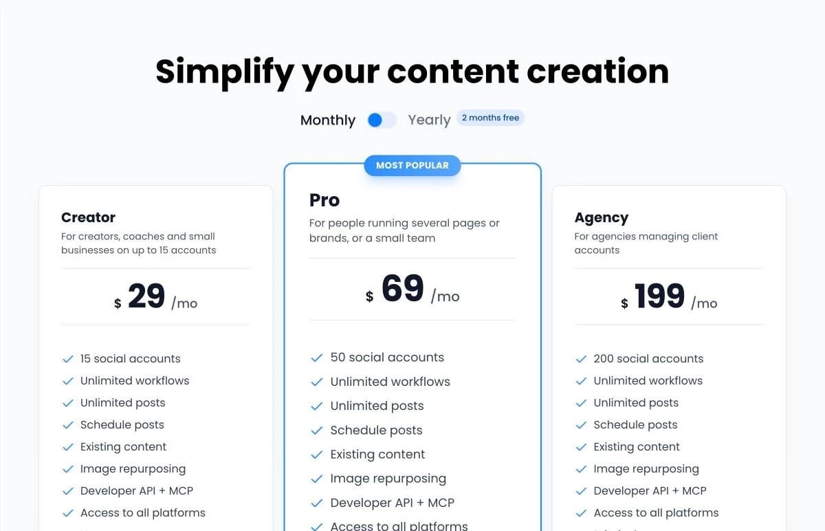The upgrade page showing Creator at $29, Pro at $69 and Agency at $199 per month