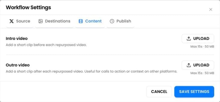 Content settings: upload an intro video and an outro video
