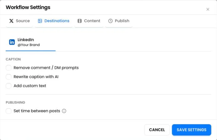 Destination settings for one LinkedIn account: caption options and Set time between posts
