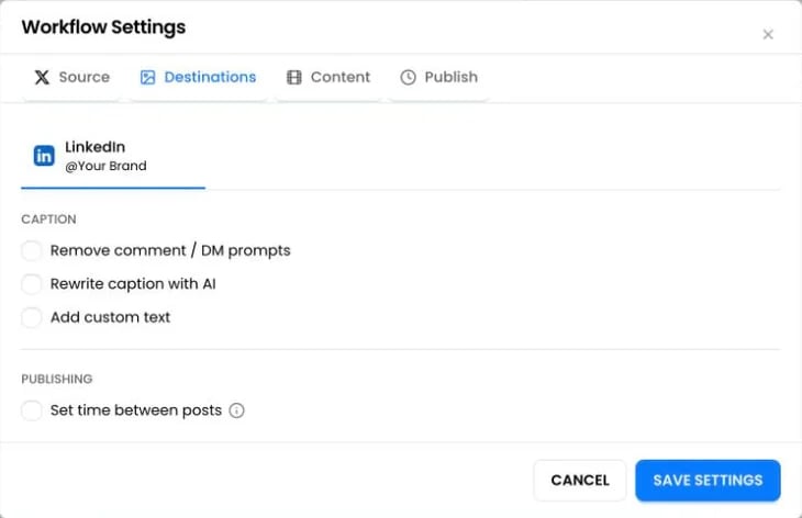 Destination settings for one LinkedIn account: caption options and Set time between posts