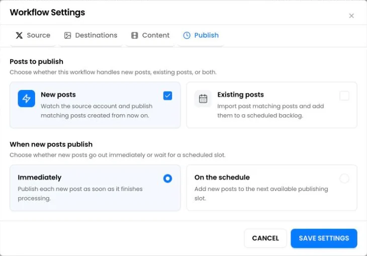 Publish settings: posts to publish and when new posts publish