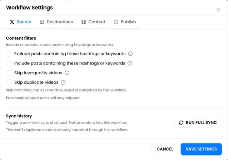 Source settings: content filters, skip low-quality videos, skip duplicate videos and Sync history
