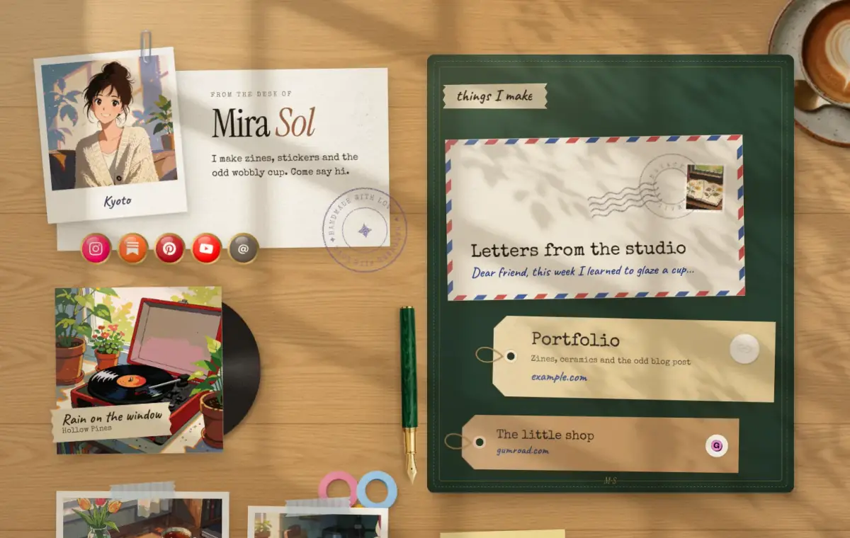 A Posy page in the Desk look: a letter, a polaroid, luggage-tag links on a leather desk pad