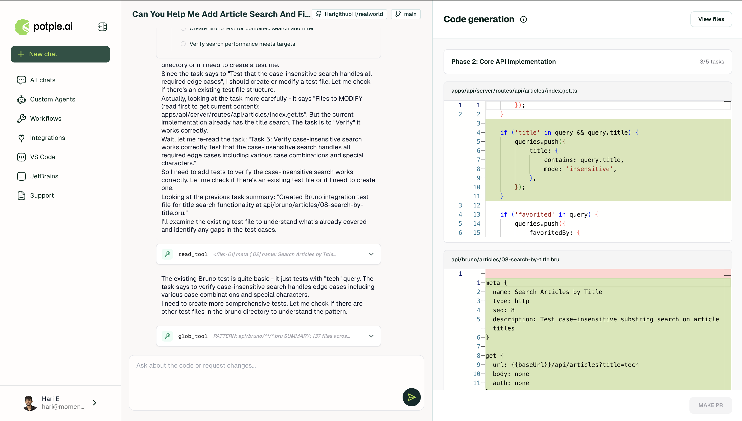 Code generation diff view