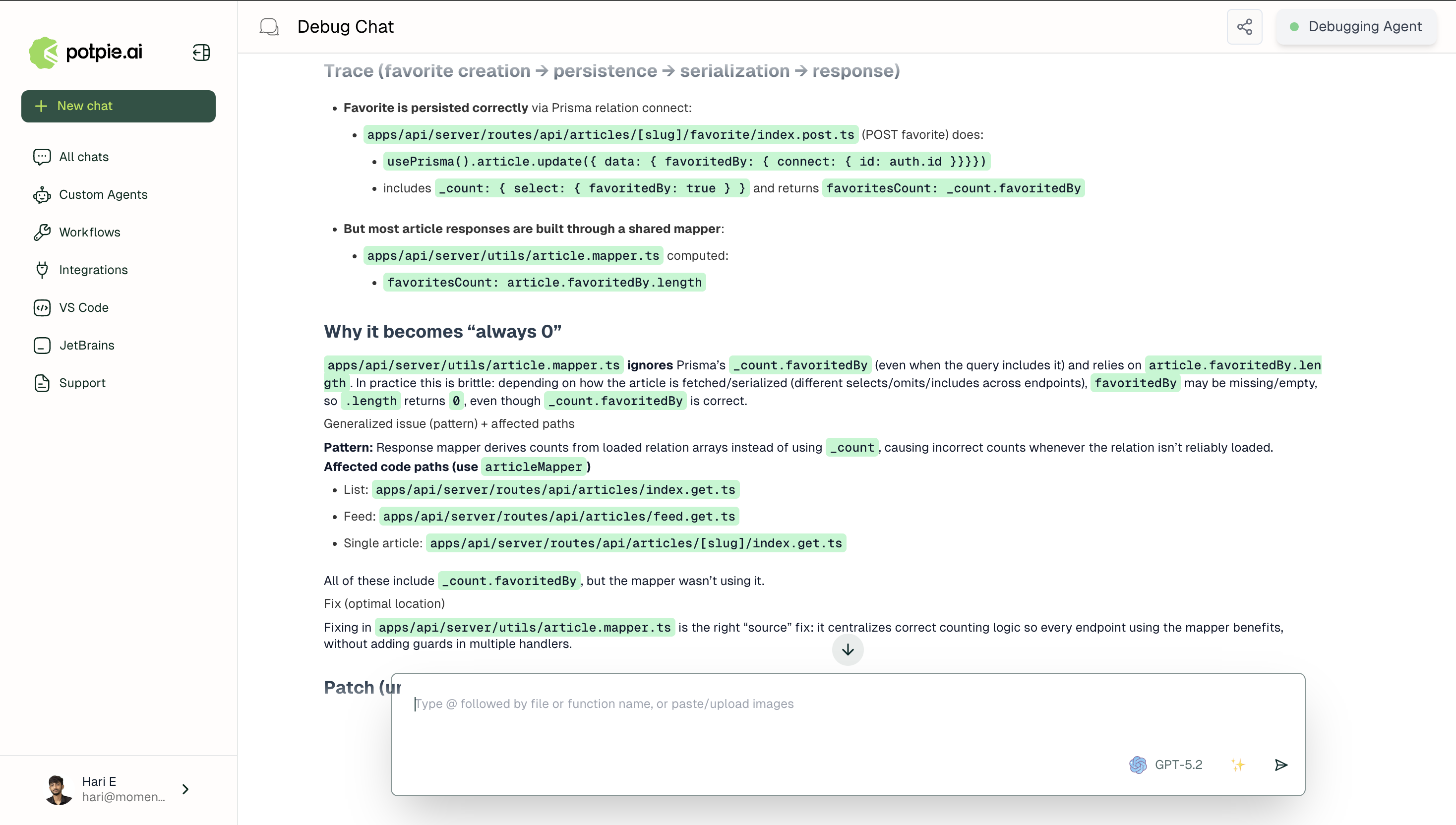 Debugging Agent Chat