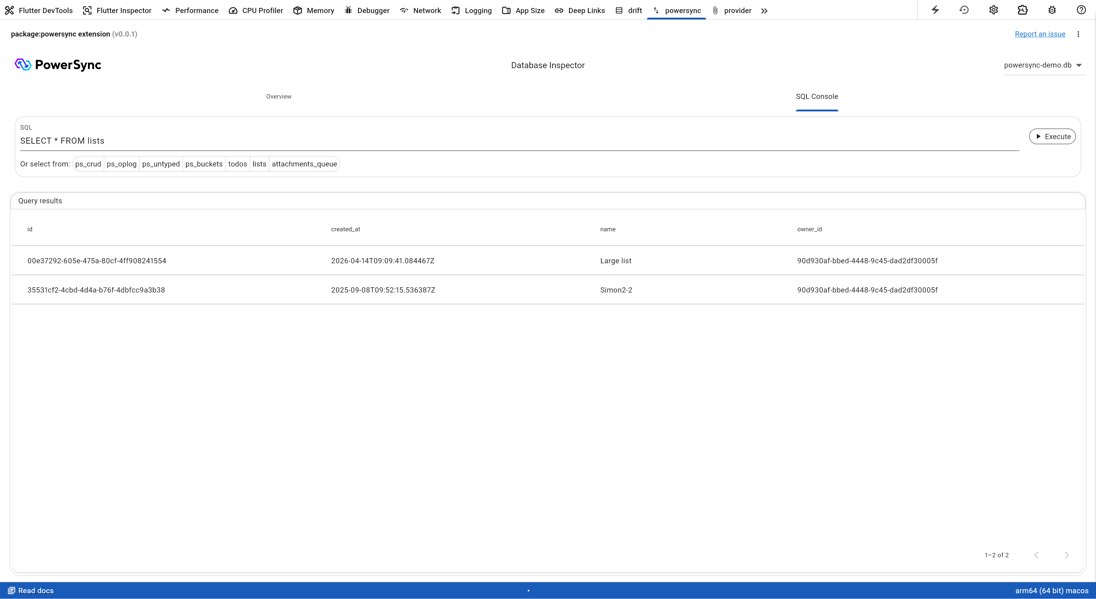 SQL Console tab of the PowerSync Dart & Flutter DevTools extension
