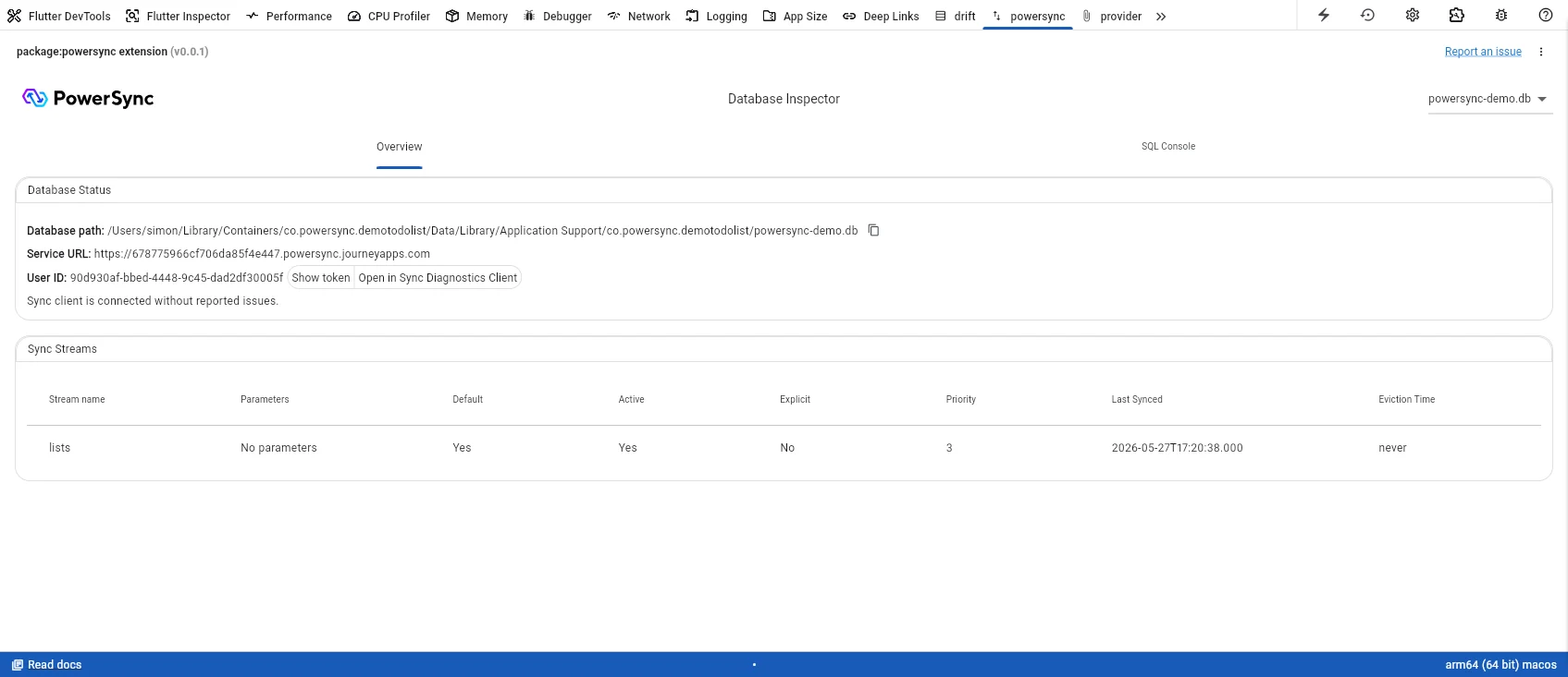 Overview tab of the PowerSync Dart & Flutter DevTools extension