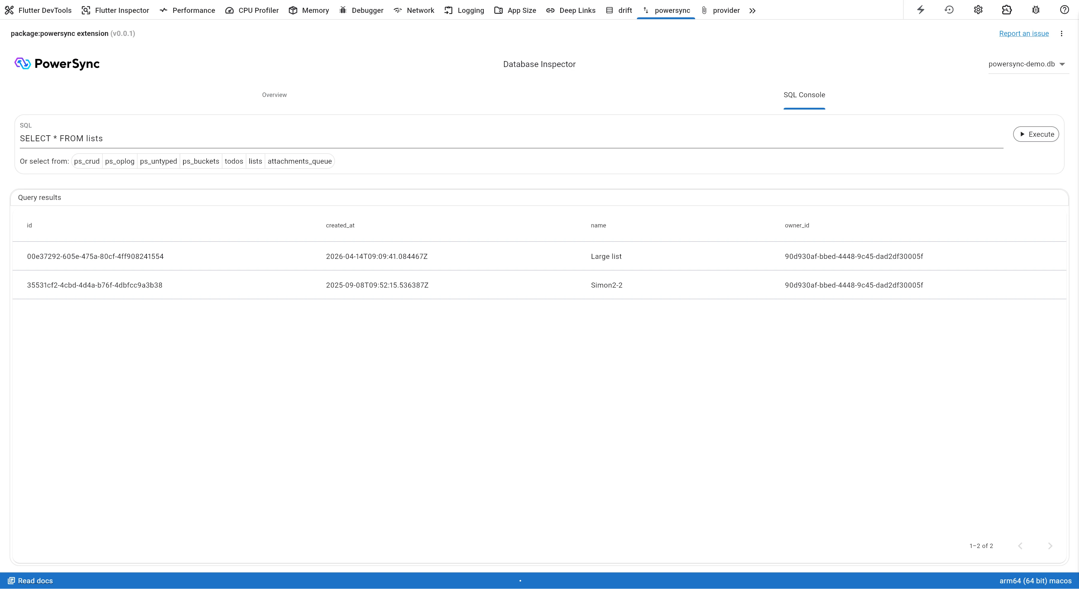 SQL Console tab of the PowerSync Dart & Flutter DevTools extension