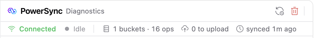 DevTools header with the Sync now and Clear and re-sync icon buttons, and the status bar below it