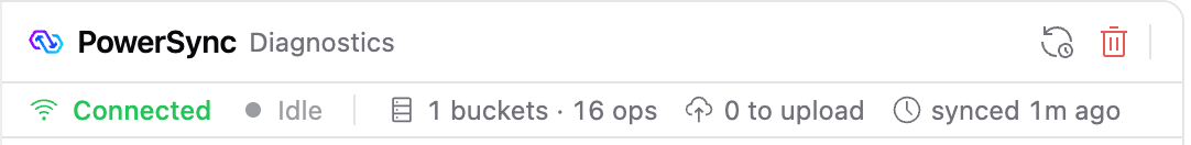DevTools header with the Sync now and Clear and re-sync icon buttons, and the status bar below it