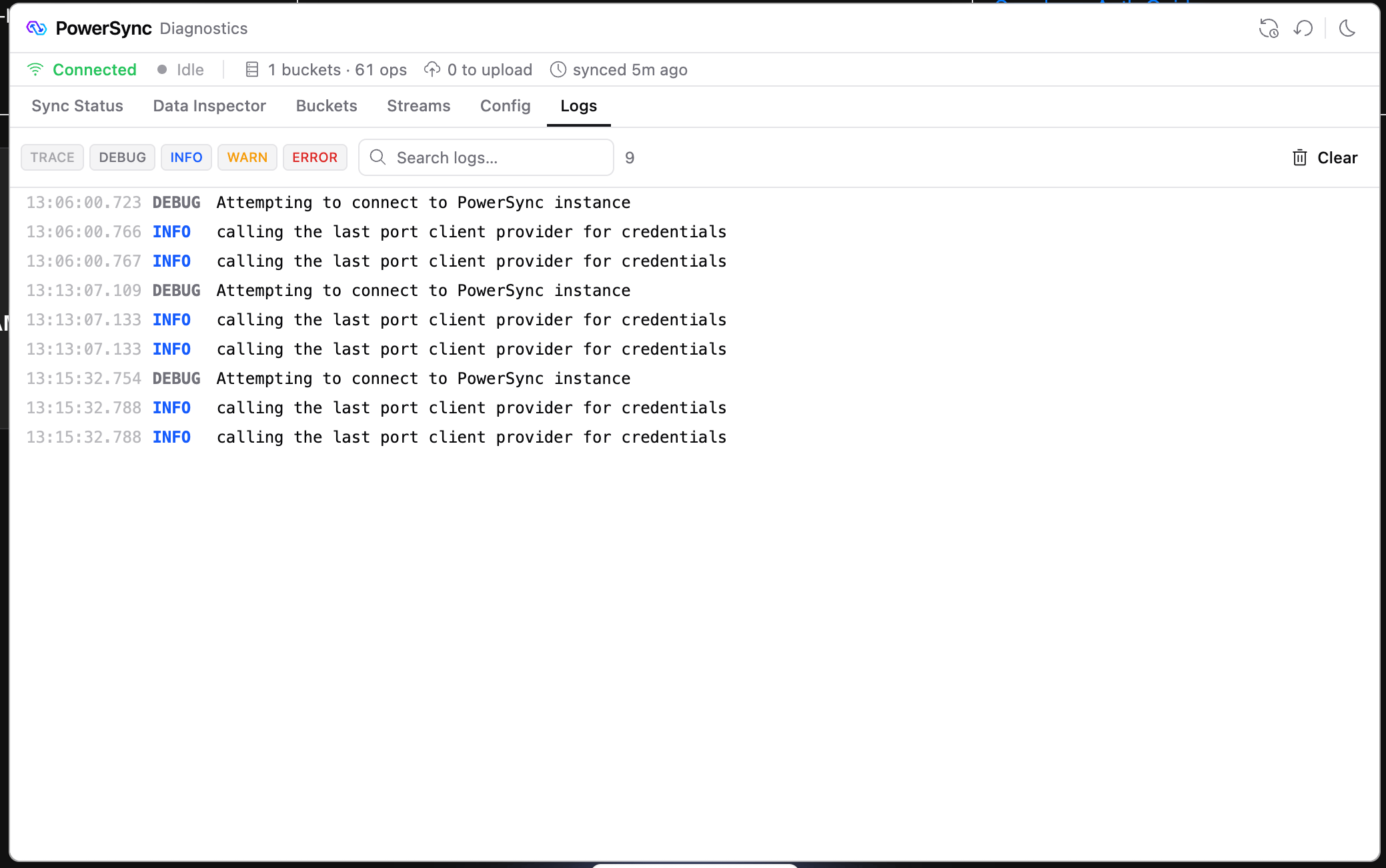 Logs tab with log records and the level filter