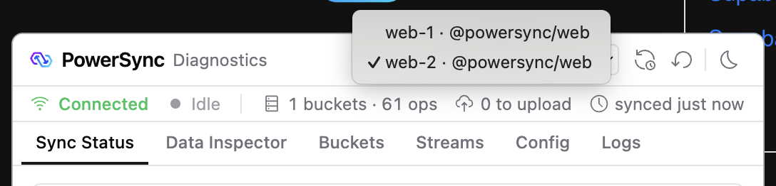 DevTools header with a list of two attached databases, web-1 and web-2