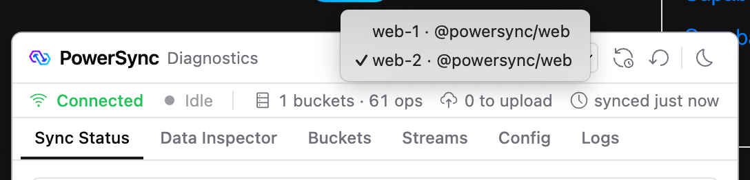 DevTools header with a list of two attached databases, web-1 and web-2