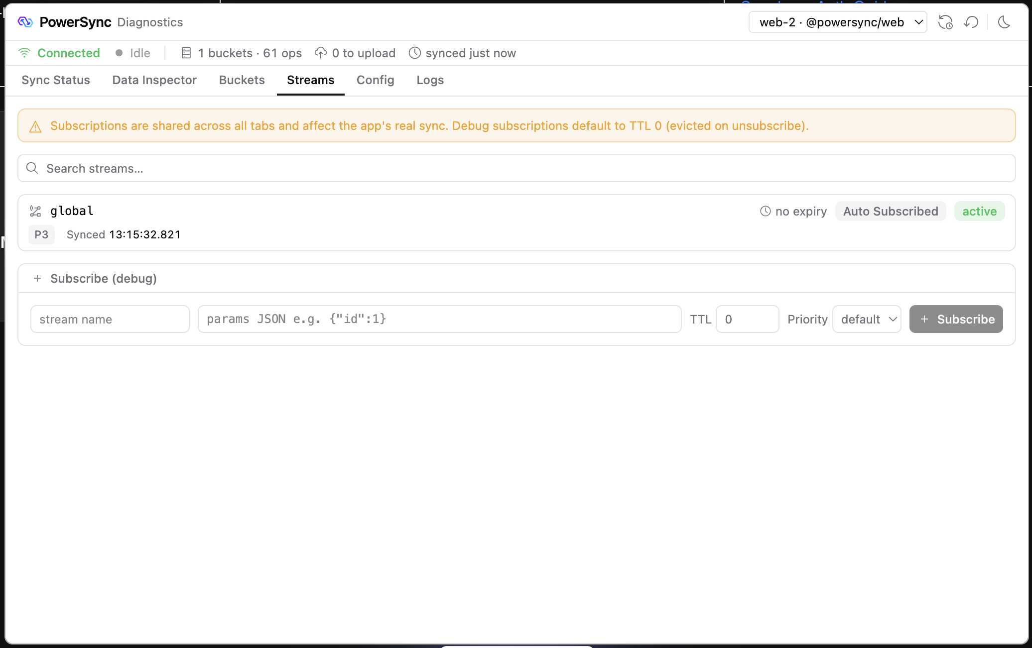 Streams tab with Sync Stream subscriptions and the subscribe form