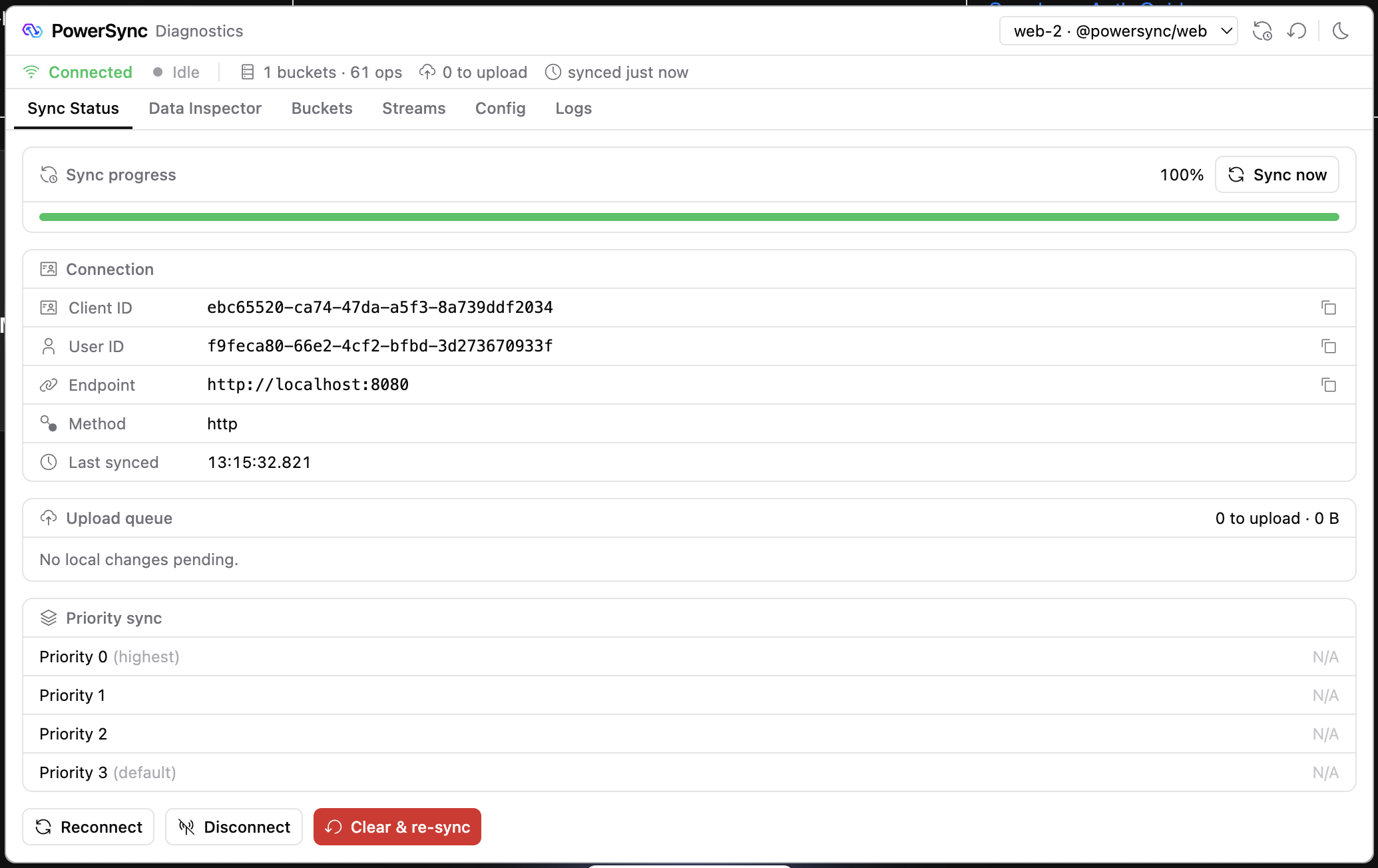 Sync Status tab with connection details, download progress, and the upload queue