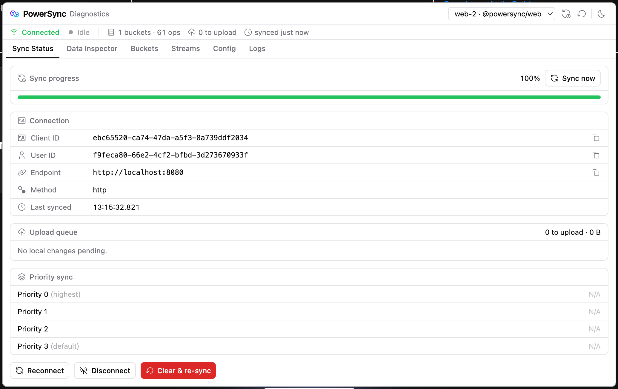 Sync Status tab with connection details, download progress, and the upload queue