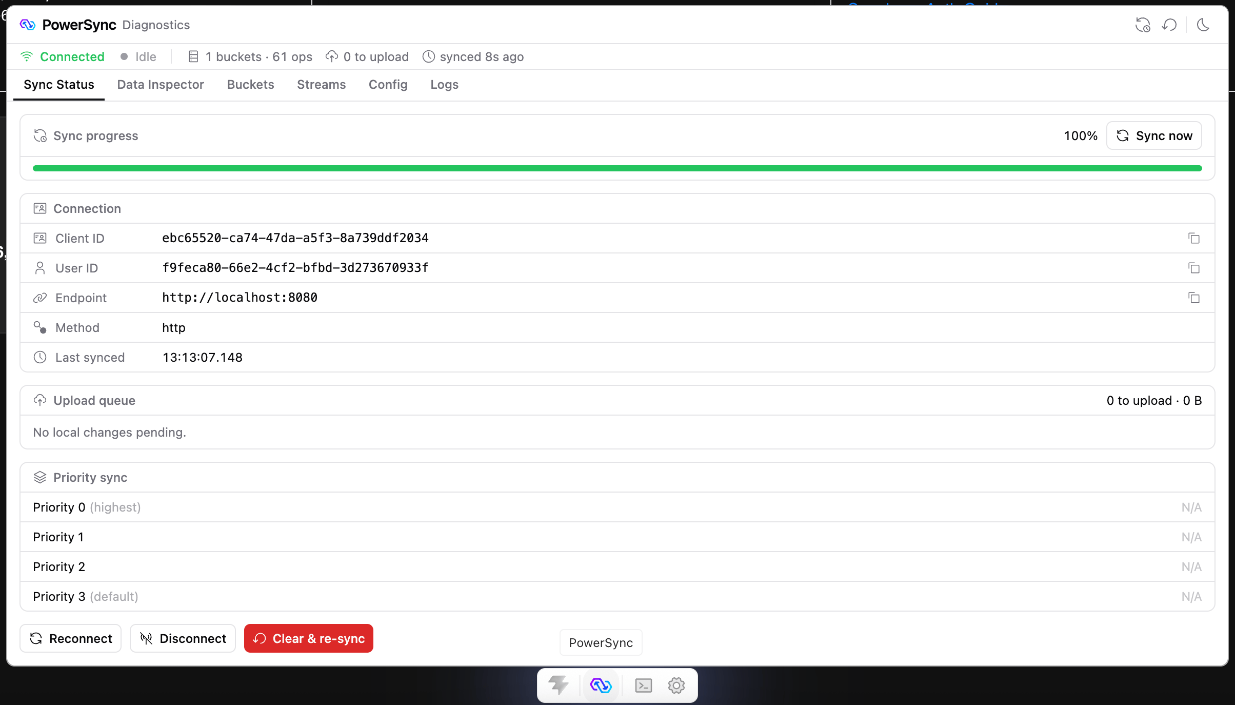 PowerSync DevTools panel showing the Sync Status tab