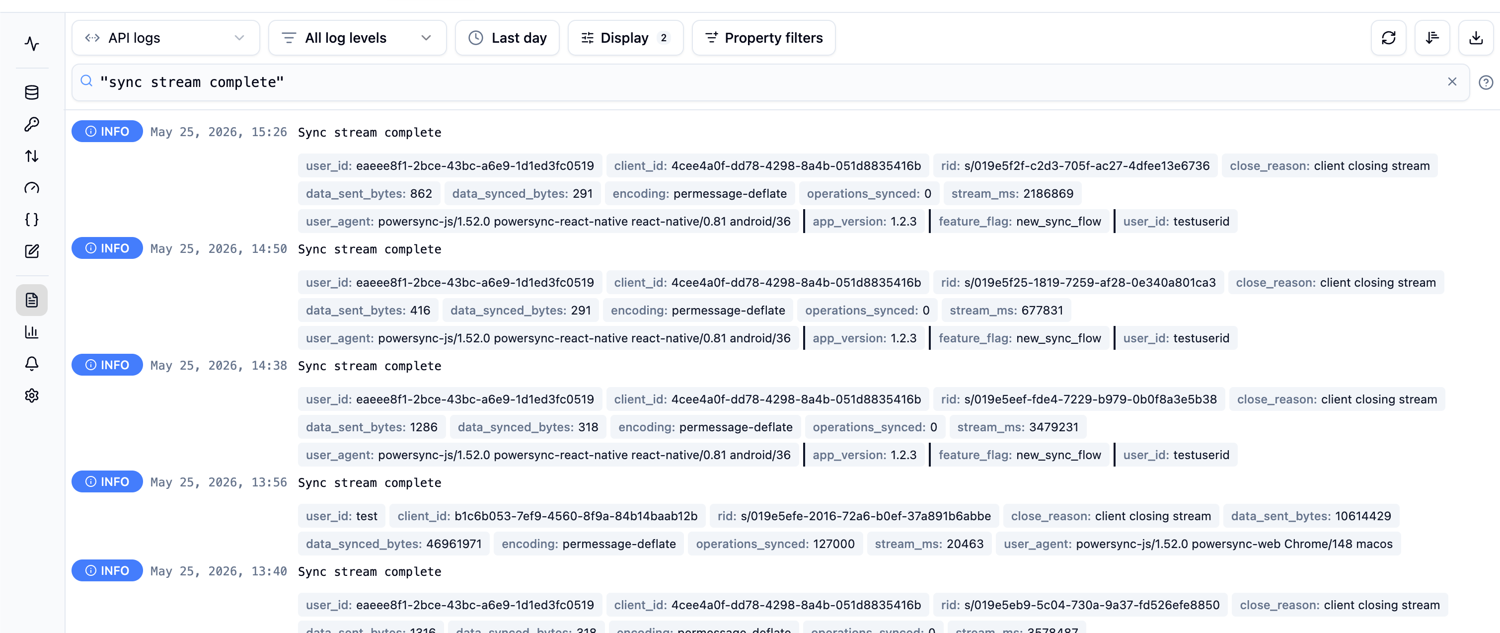 Instance logs filtered to show sync stream complete entries
