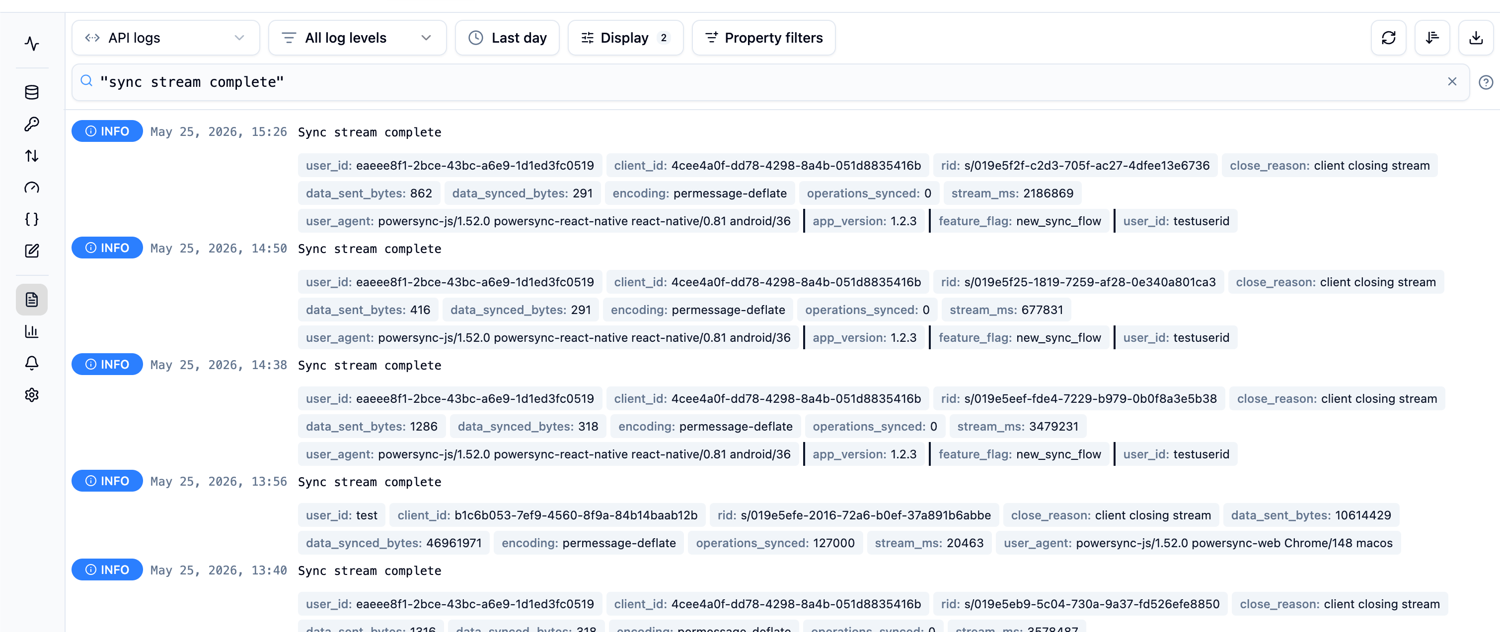 Instance logs filtered to show sync stream complete entries