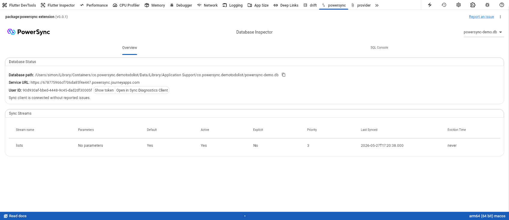 Overview tab of the PowerSync Dart & Flutter DevTools extension
