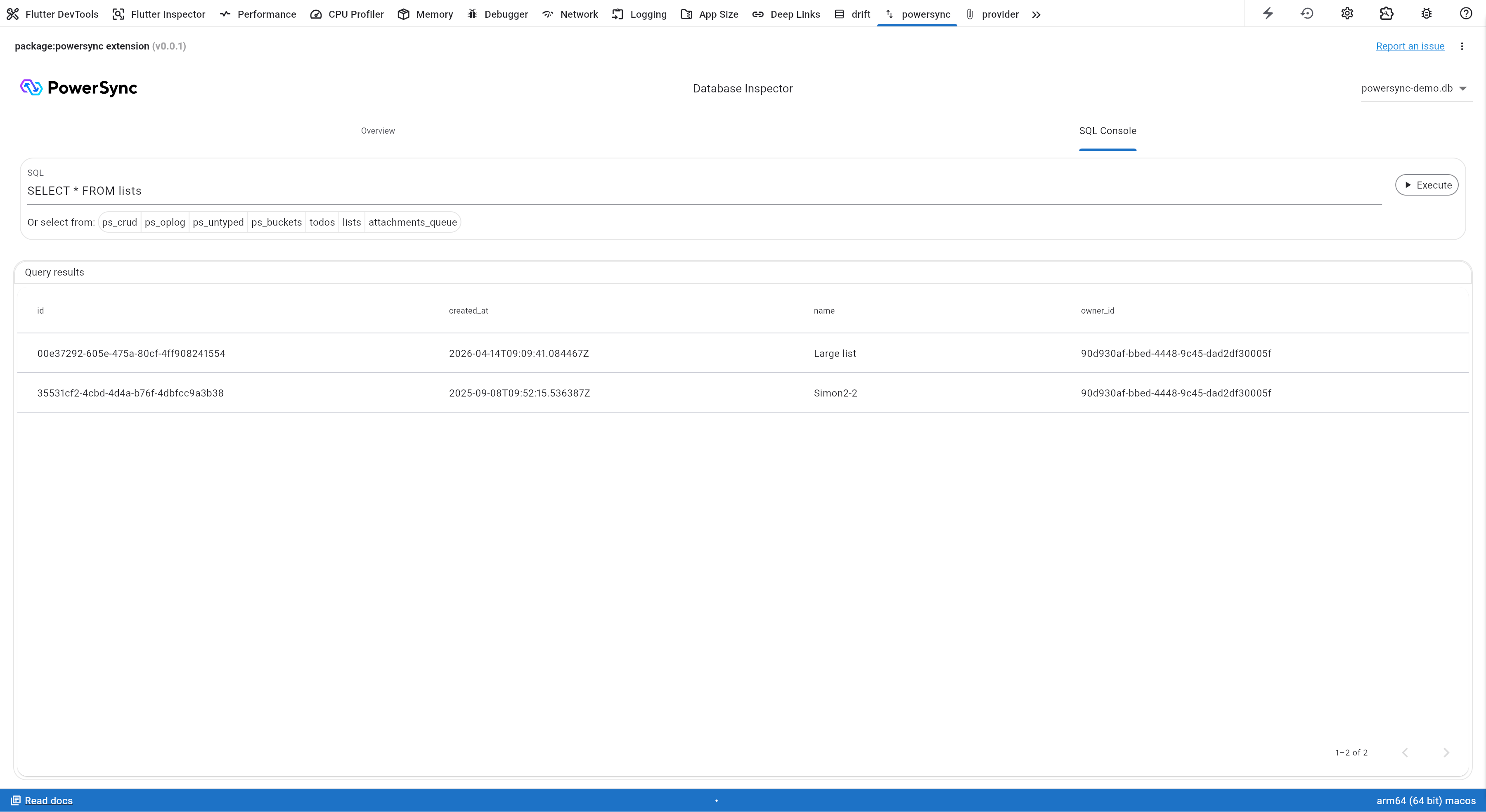SQL Console tab of the PowerSync Dart & Flutter DevTools extension