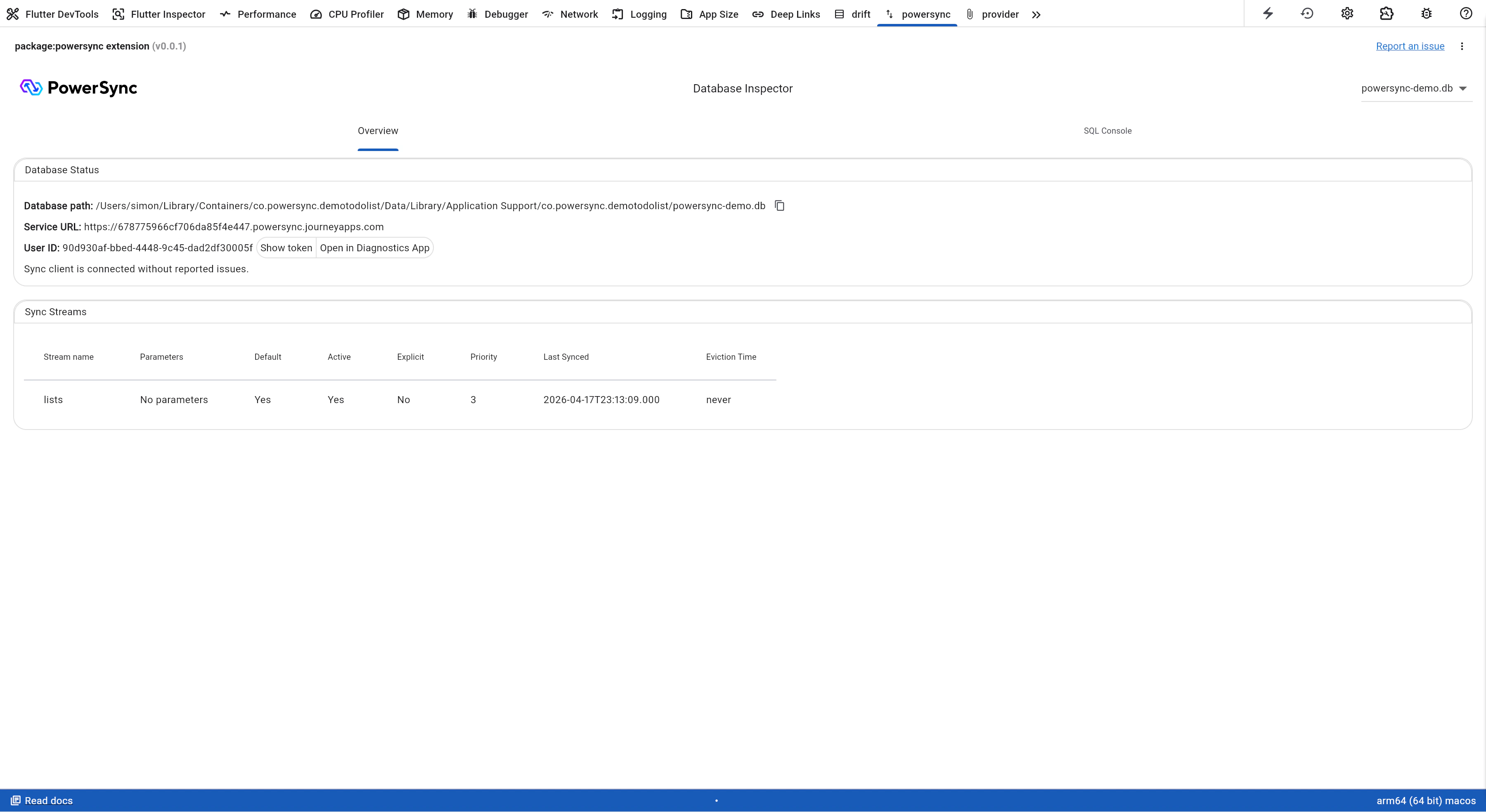 Overview tab of the PowerSync Dart & Flutter DevTools extension
