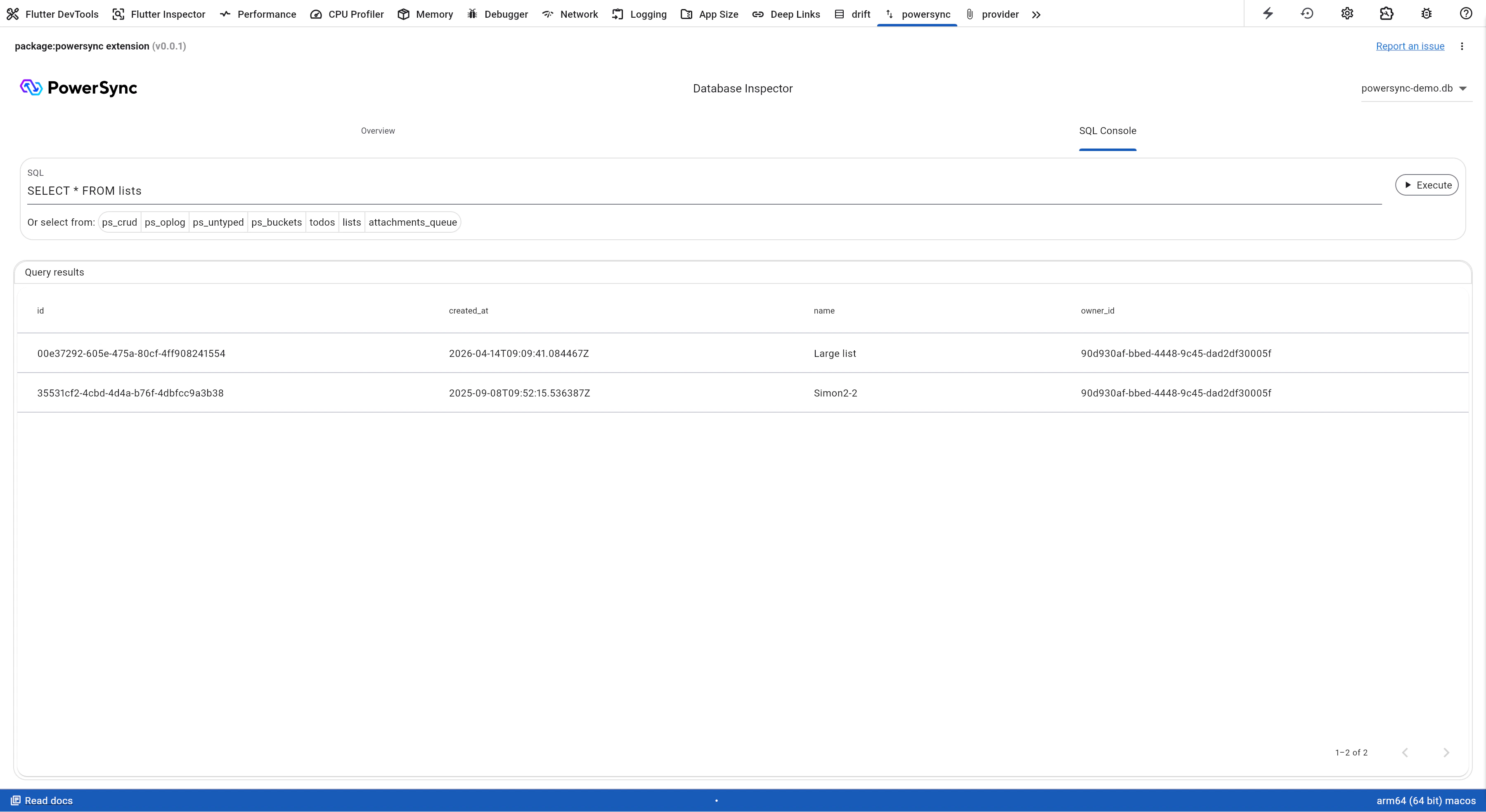 SQL Console tab of the PowerSync Dart & Flutter DevTools extension