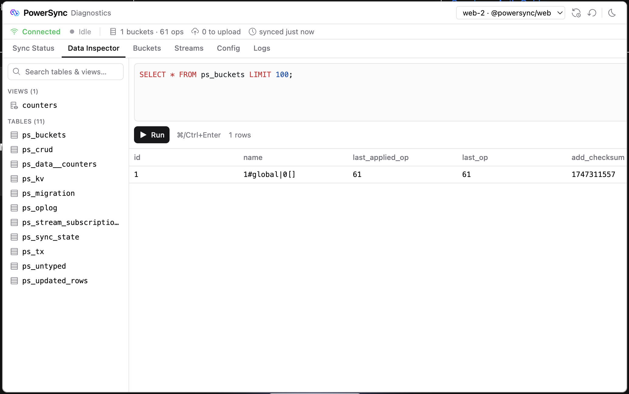 Data Inspector tab with the table list and a SQL query result