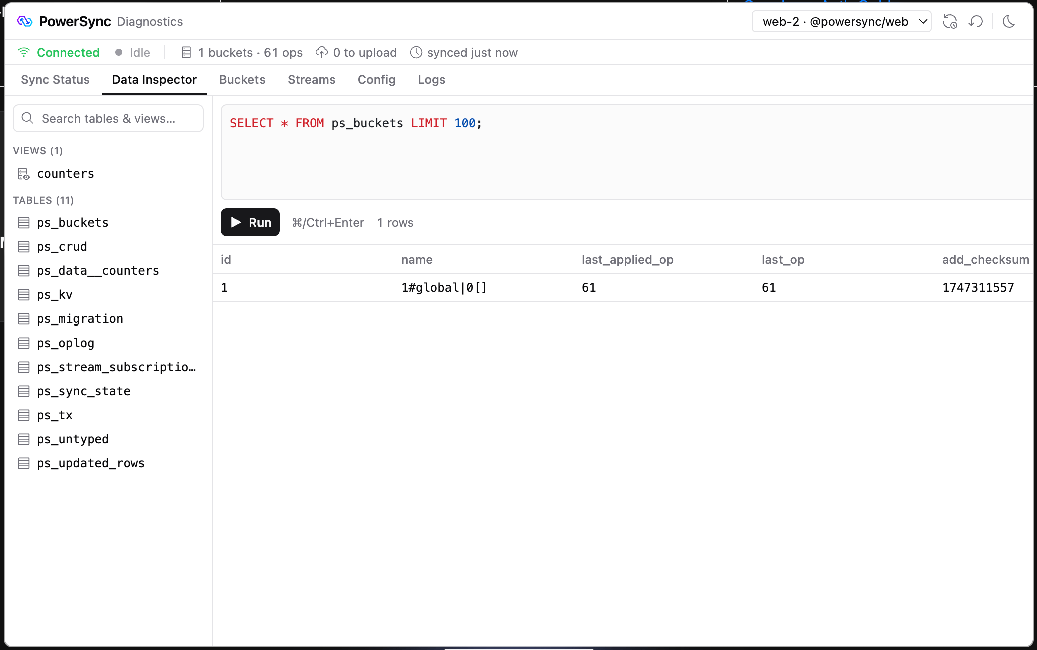 Data Inspector tab with the table list and a SQL query result