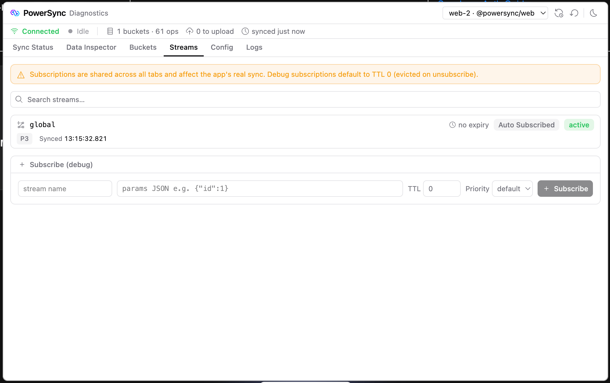Streams tab with Sync Stream subscriptions and the subscribe form