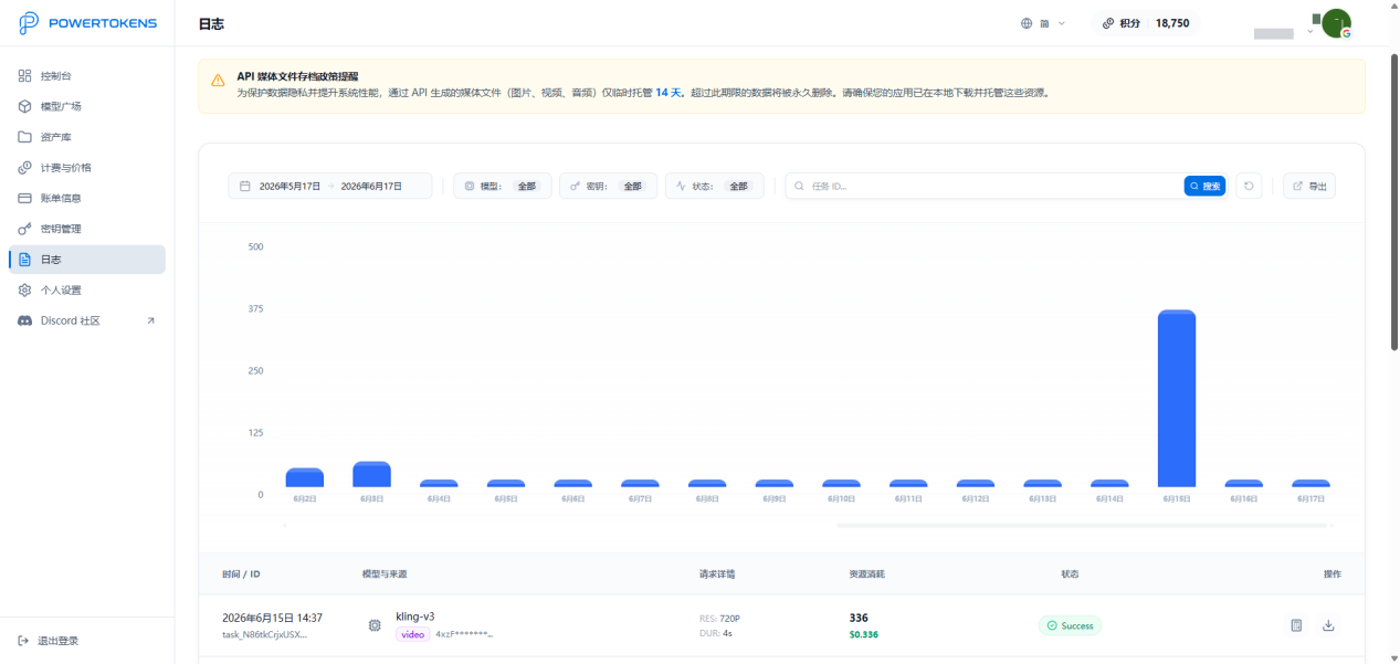 PowerTokens Logs 页面