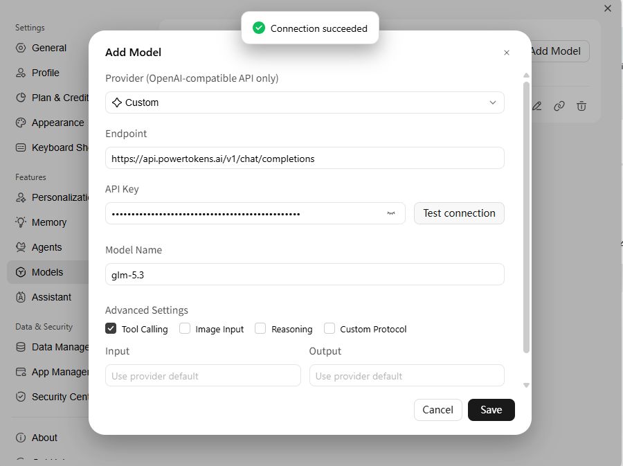 Fill in endpoint details and test connection