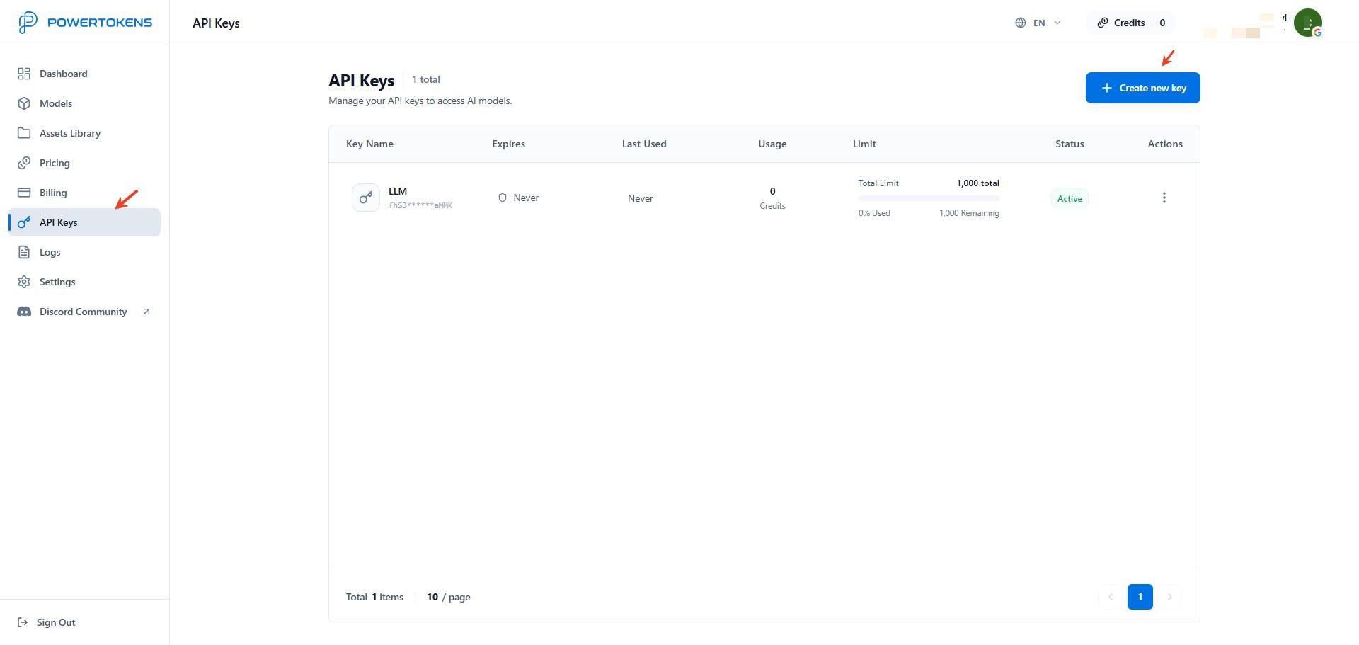 PowerTokens API Keys page