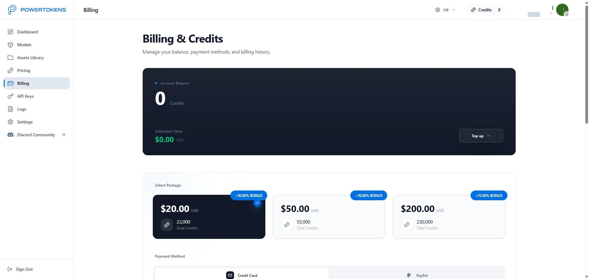 PowerTokens Billing page