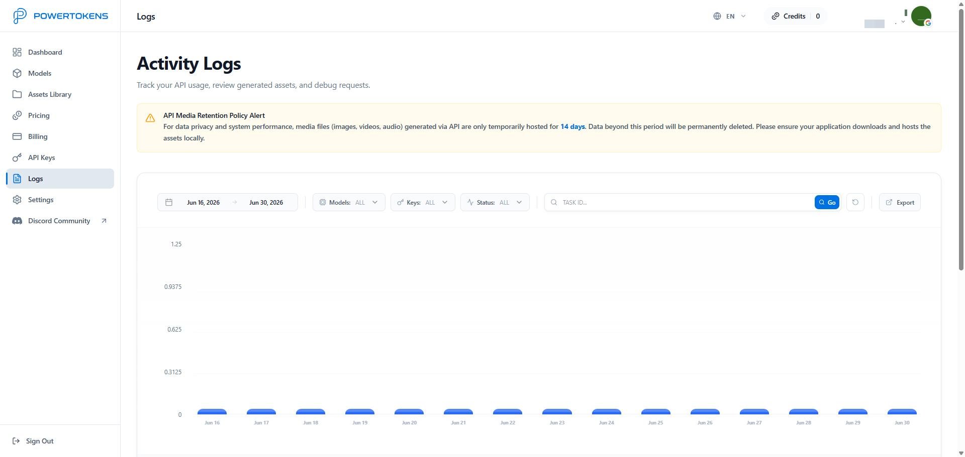 PowerTokens Logs page