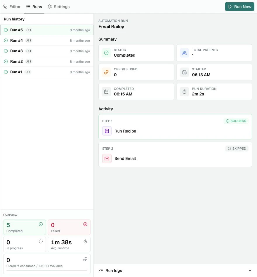 A populated Automation Runs page showing run history, summary cards, activity steps, and a selected run.