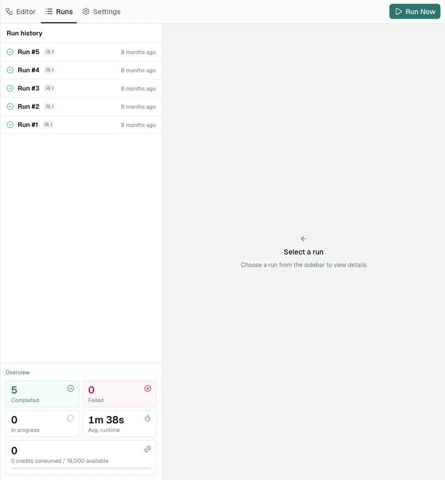 A populated Automation Runs page showing run history, overview cards, and a prompt to choose a run.