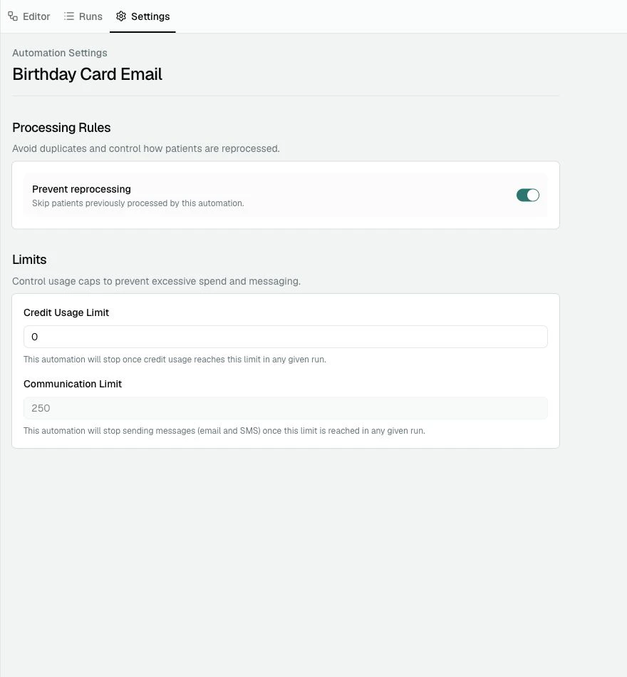 The Automation Settings page showing Processing Rules and Limits for Birthday Card Email.