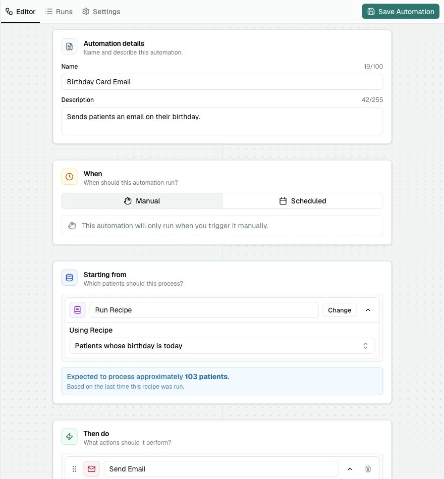 The completed Birthday Card Email Automation showing details, Manual trigger, Patients whose birthday is today Recipe Source, and Send Email using Birthday email.