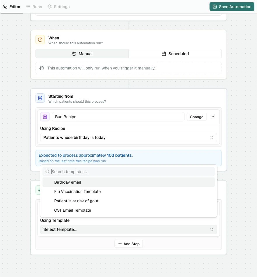 The Using Template menu showing Birthday email and other Email Templates.