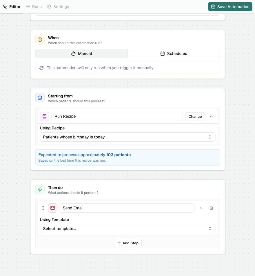 The Then do section with a Send Email step and an empty Using Template selector.
