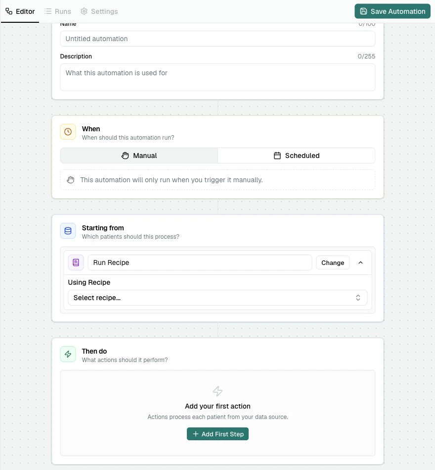 The Starting from section with a Run Recipe card and an empty Using Recipe selector.