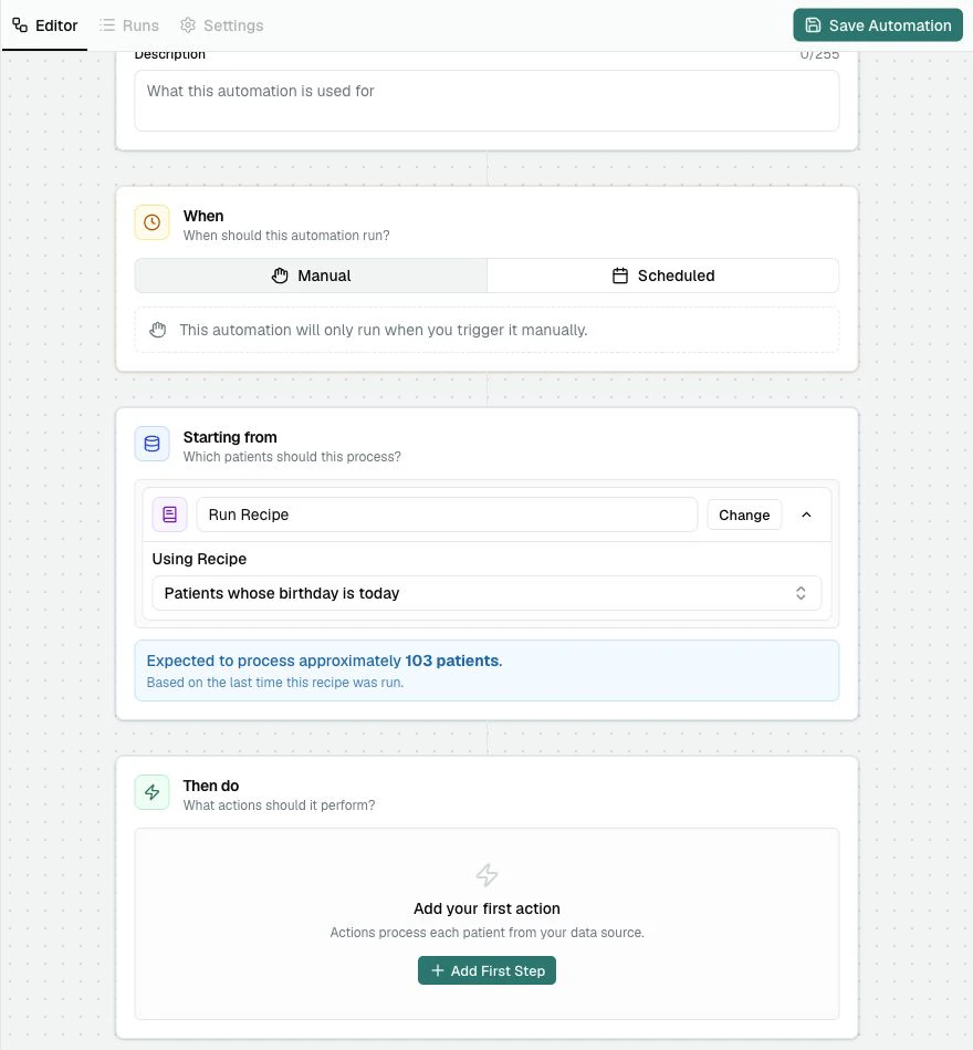 The Starting from section showing Run Recipe using Patients whose birthday is today and an expected patient count.