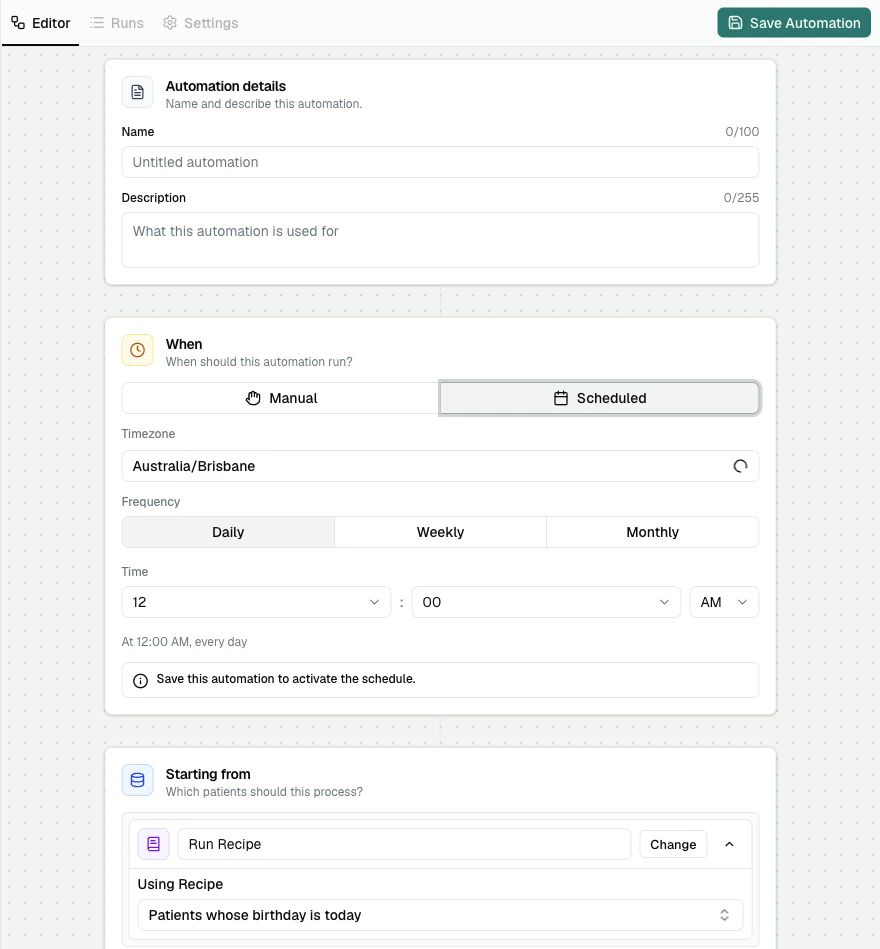 The Scheduled trigger controls showing Timezone, Frequency, Time, schedule summary, and save notice.