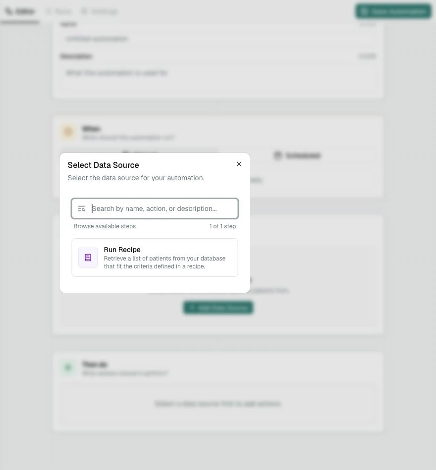 The Select Data Source dialog showing Run Recipe.