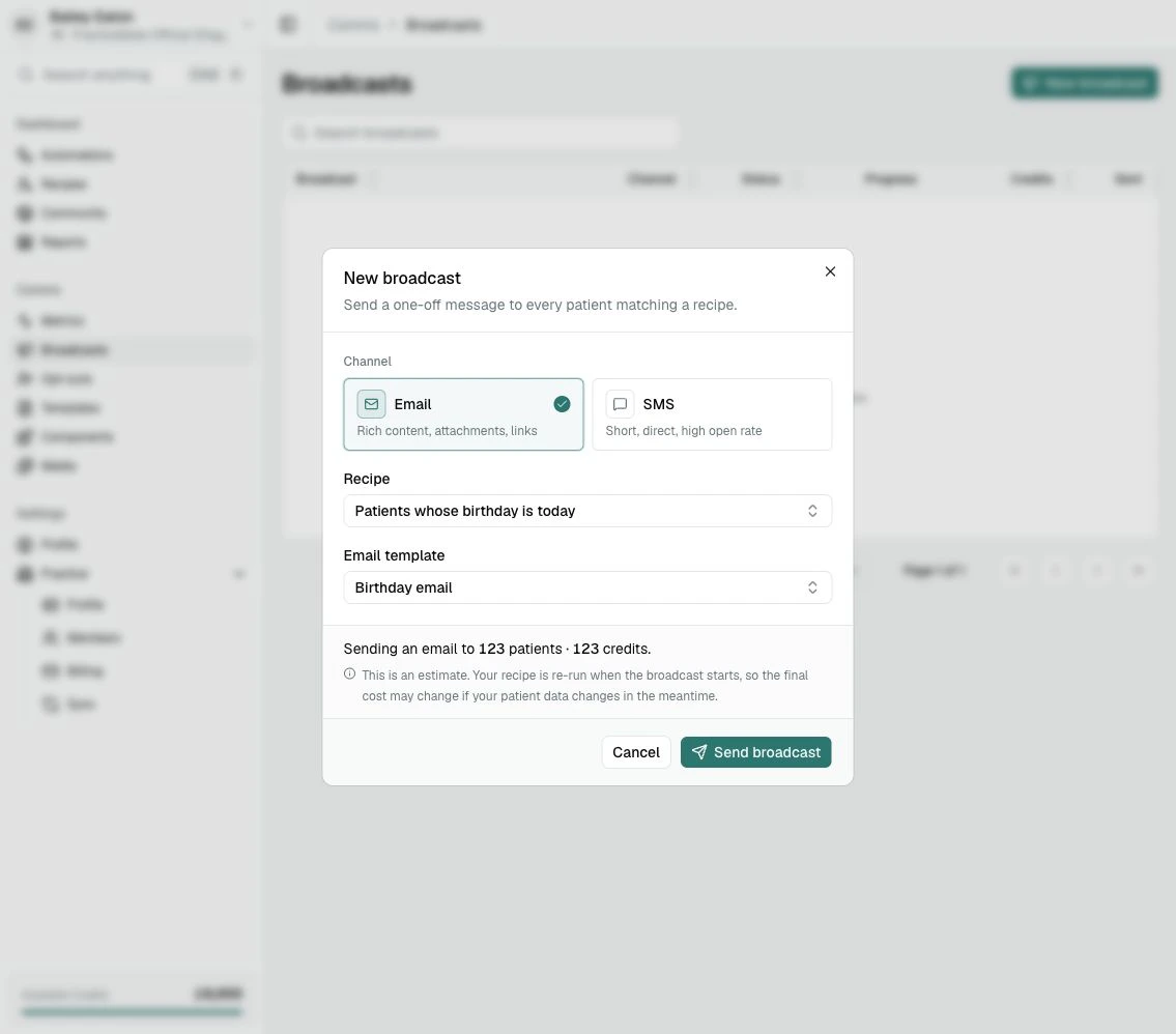 The New broadcast dialog showing an estimated Email Broadcast reach of 123 patients and 123 Credits.