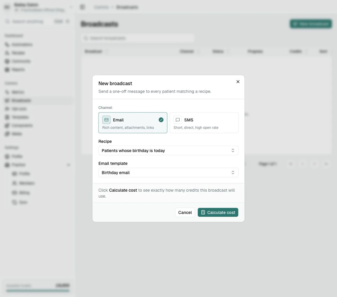 The New broadcast dialog with Patients whose birthday is today and Birthday email selected, ready to calculate cost.