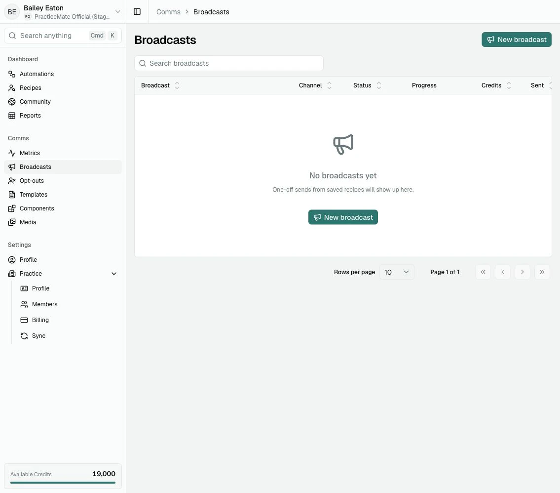 The Broadcasts page showing the New broadcast button, search field, Broadcast table columns, and empty state.